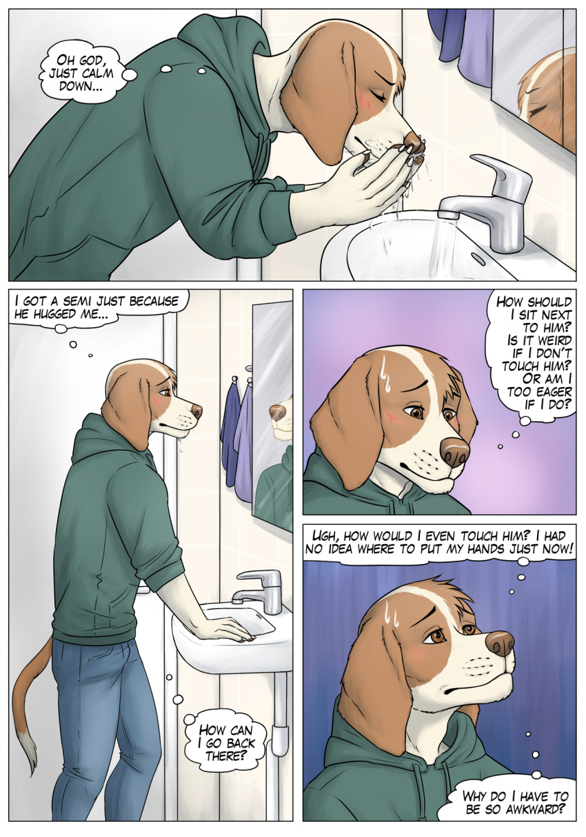 bathroom bathroom_sink blush bodily_fluids border bottomwear brown_eyes canid canine canis claws clothing comic denim denim_bottomwear denim_clothing domestic_dog embarrassed english_text faucet frown fur gaikotsu hand_on_face hand_on_object hand_towel hi_res hoodie introspective jeans looking_at_reflection male mammal mirror mirror_reflection pants reflection running_water sink solo sweat sweatdrop tan_body tan_fur tauski text thought_bubble topwear towel washing_face water white_border