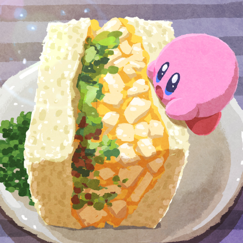 bread food food_focus highres kirby kirby_(series) miclot no_humans on_food open_mouth plate sandwich solo table vegetable