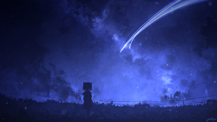 1girl animal_ears arms_at_sides bush cat_ears cloud cloudy_sky dress facing_away from_behind galaxy grass highres landscape light_particles original power_lines rune_xiao scenery shooting_star short_hair signature sky solo sparkle star_(sky) starry_sky very_wide_shot