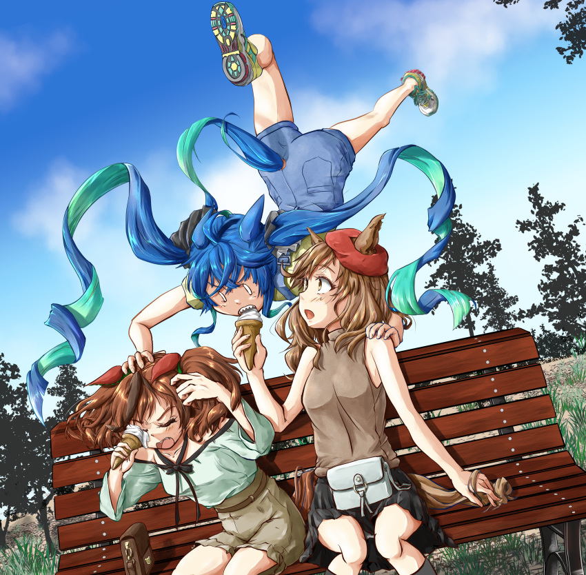 3girls absurdres ahoge alternate_costume animal_ears aqua_hair aqua_shirt bag belt bench black_skirt blank_eyes blue_hair blue_overalls blue_sky bow brown_hair brown_shirt brown_shorts casual closed_eyes commentary_request crossed_bangs day ear_covers ears_down ears_through_headwear eating food food_on_face grass hair_bow halter_shirt halterneck hand_on_another's_head hand_on_another's_shoulder handbag hat highres horse_ears horse_girl horse_tail ice_cream ice_cream_cone ice_cream_on_face legs_up light_brown_hair long_hair looking_at_another matikane_tannhauser_(umamusume) multicolored_hair multiple_girls nice_nature_(umamusume) off-shoulder_shirt off_shoulder open_mouth outdoors overalls panties panty_peek park_bench sharp_teeth shinjou_ryou shirt shoes shorts sidelocks skirt sky sleeveless sleeveless_turtleneck sneakers streaked_hair tail tail_through_clothes teeth tree turtleneck twin_turbo_(umamusume) twintails two-tone_hair umamusume underwear very_long_hair yellow_eyes yellow_shirt