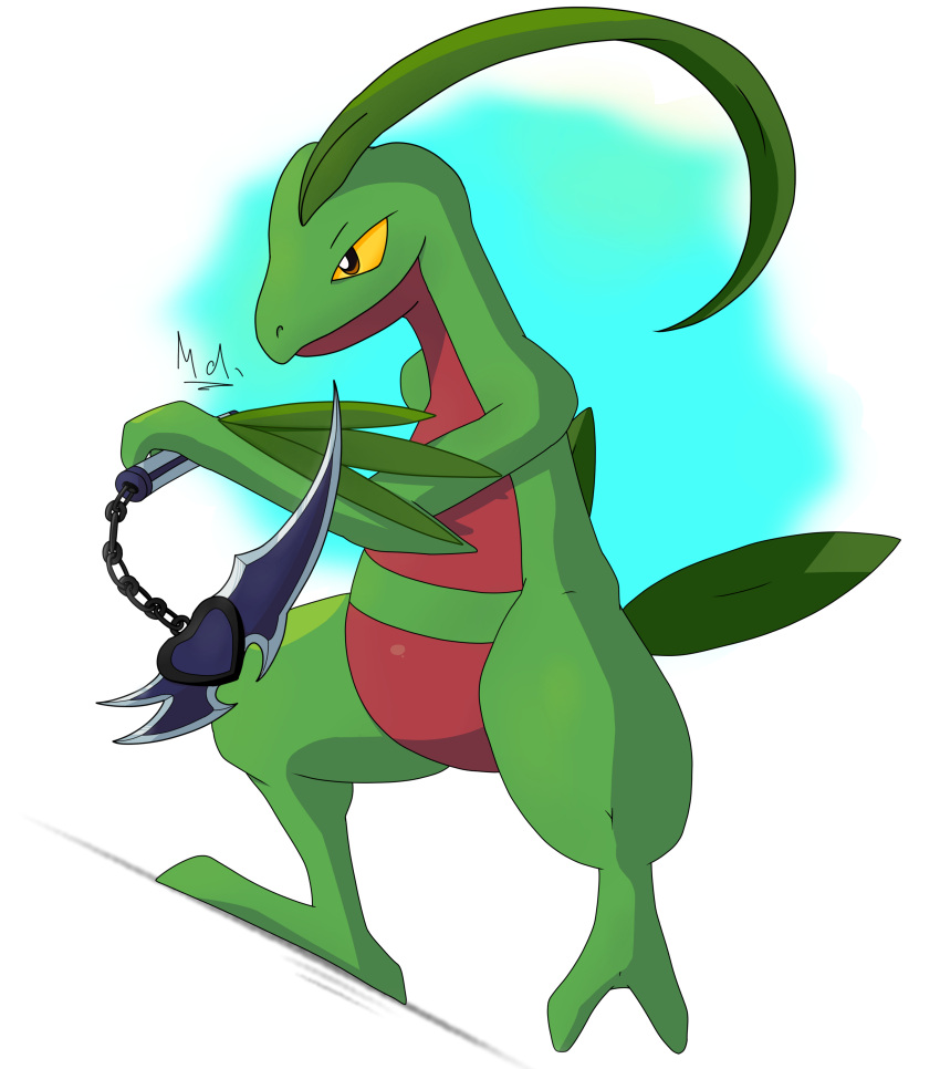 absurd_res anthro black_eyes claws finger_claws generation_3_pokemon green_body grovyle head_leaf hi_res leaf leaf_tail male nintendo pokemon pokemon_(species) scalie solo tail yellow_sclera youmadsin