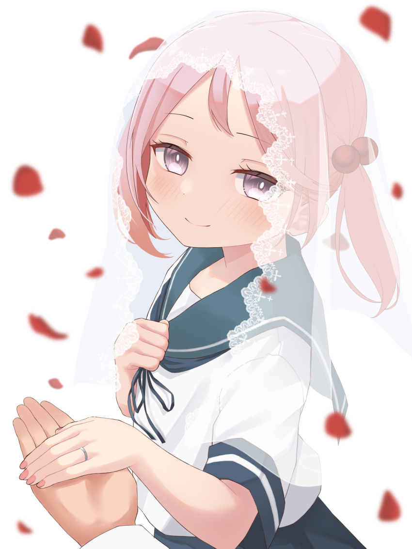 1boy 1girl absurdres blush commission hair_bobbles hair_ornament highres holding_hands jewelry kantai_collection medium_hair out_of_frame petals pink_eyes pink_hair pov pov_hands ring sazanami_(kancolle) school_uniform serafuku shirt skeb_commission smile soba_(sobaya1938) solo_focus twintails veil wedding_ring white_shirt