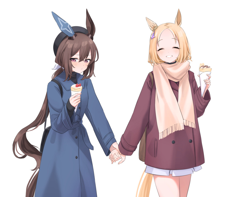 2girls admire_vega_(umamusume) alternate_costume animal_ears bag beret black_bag blonde_hair blue_coat brown_hair buttons casual coat commentary crepe double-breasted ear_covers facing_viewer food hair_between_eyes handbag hat highres holding holding_food holding_hands horse_ears horse_girl horse_tail katuko_deluxe multiple_girls narita_top_road_(umamusume) purple_coat purple_eyes scarf short_hair simple_background single_ear_cover skirt smile tail umamusume white_background white_scarf white_skirt