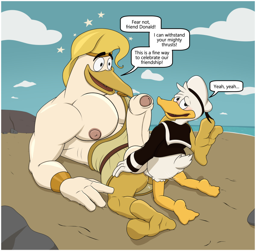 anal anal_penetration anatid anseriform arm_support avian balls barefoot beach beak benjibat big_pecs big_penis bird clothed clothing disney donald_duck duck ducktales ducktales_(2017) duo erection feet foreskin from_front_position genitals hi_res huge_penis humanoid_genitalia humanoid_penis leaning_on_elbow lying male male/male muscular muscular_male nipples outside partially_clothed pecs penetration penis puffy_nipples seaside size_difference small_dom_big_sub storkules uncut