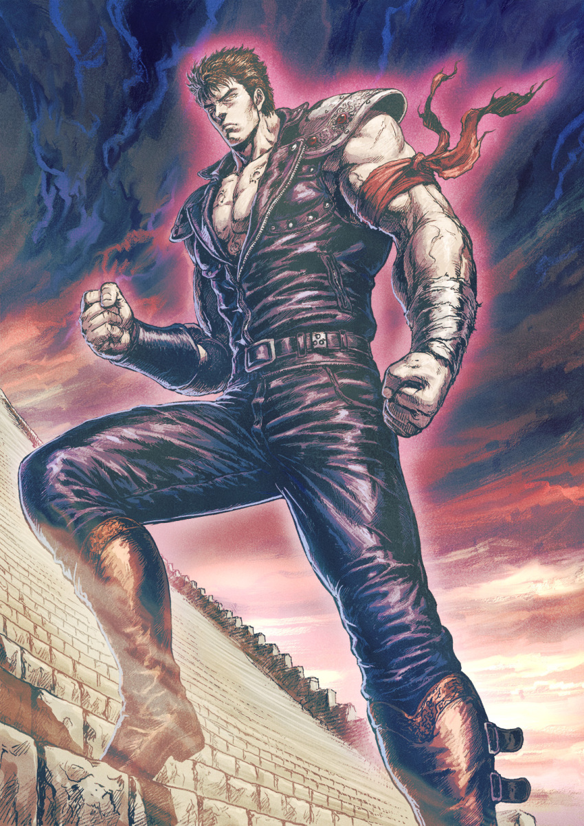 1boy armor belt biceps black_hair black_pants brown_footwear clenched_hands cloud cloudy_sky foot_out_of_frame fujii_eishun highres hokuto_no_ken kenshiro looking_at_viewer muscular muscular_male outdoors pants pauldrons pectorals short_hair shoulder_armor sky solo stairs standing