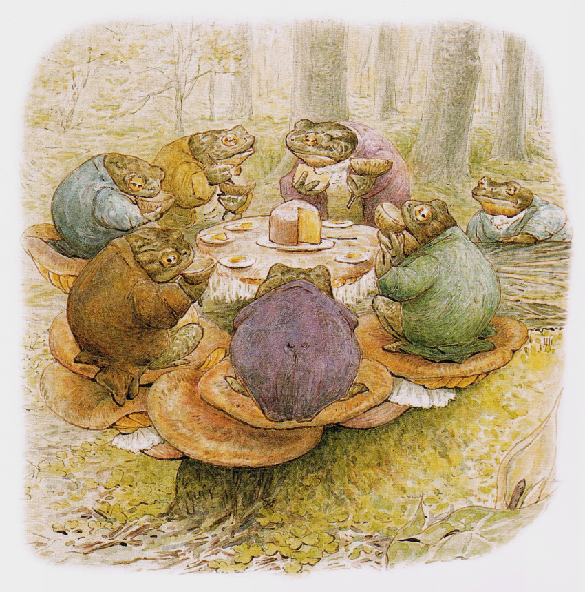 20th_century ambiguous_gender amphibian ancient_furry_art anthro barefoot beatrix_potter blue_clothing brown_body brown_skin clothed clothing detailed_background drinking eye_contact feet food forest frog fungus green_body green_clothing green_skin group hi_res holding_food holding_object looking_at_another mixed_media mushroom outside painting_(artwork) pen_(artwork) plant plate purple_clothing sitting tea_party toad_(frog) traditional_media_(artwork) tree watercolor_(artwork) yellow_clothing