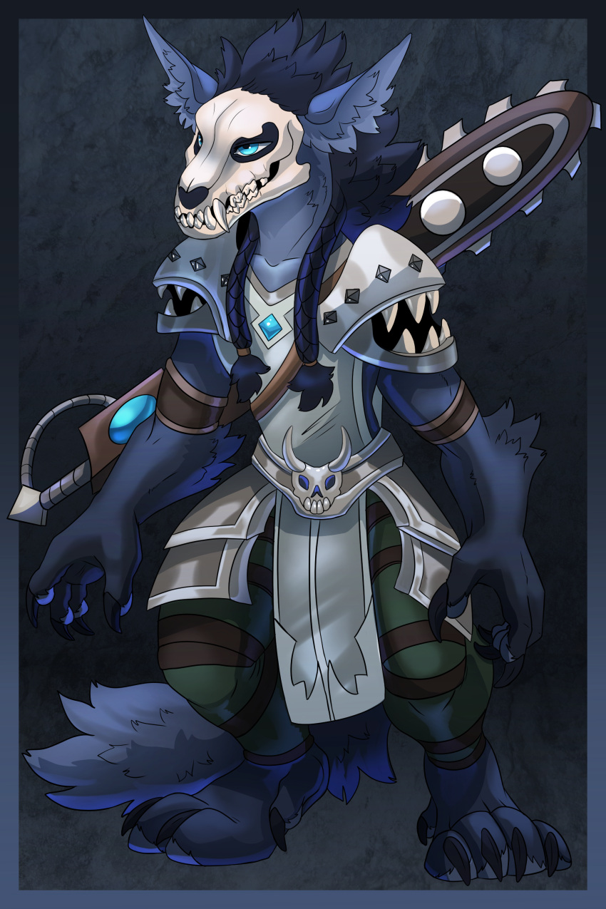 2021 absurd_res anthro armor black_body black_fur blizzard_entertainment blue_body blue_eyes blue_fur braided_hair canid chainsword claws clothing fur gnoll grey_body grey_fur hair hi_res hyaenid inner_ear_fluff invalid_tag male mammal pauldron paws skull_face solo tabard teeth tuft unknown_artist video_games warcraft were werecanid worgen