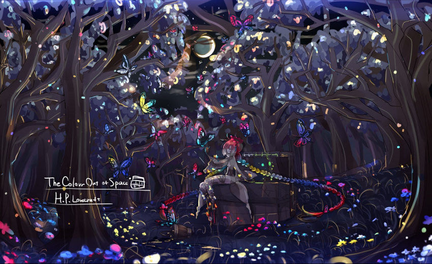 anthropomorphism braids butterfly enothela forest grass long_hair moon original polychromatic ribbons tree