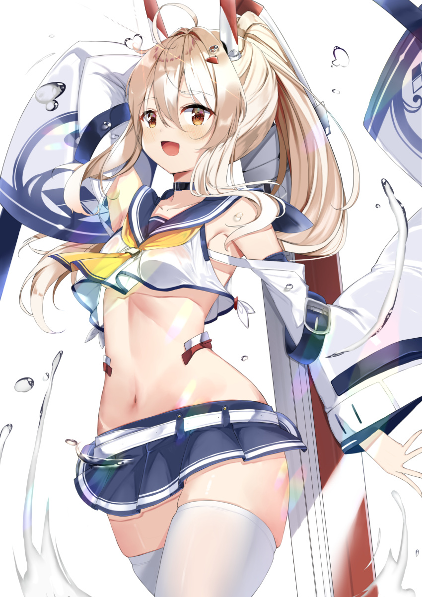 1girl :d ahoge arm_behind_head arm_up armpits ascot ayanami_(azur_lane) azur_lane bangs belt blue_skirt breasts choker commentary_request detached_sleeves eyebrows_visible_through_hair eyes_visible_through_hair hair_between_eyes hair_ornament hairclip headgear highres hino_kagutsuki holding holding_sword holding_weapon long_hair looking_at_viewer midriff navel open_mouth orange_eyes pleated_skirt ponytail retrofit_(azur_lane) school_uniform serafuku sidelocks silver_hair simple_background skirt smile solo sword thighhighs underboob walking water_drop weapon white_background white_legwear wide_sleeves zettai_ryouiki