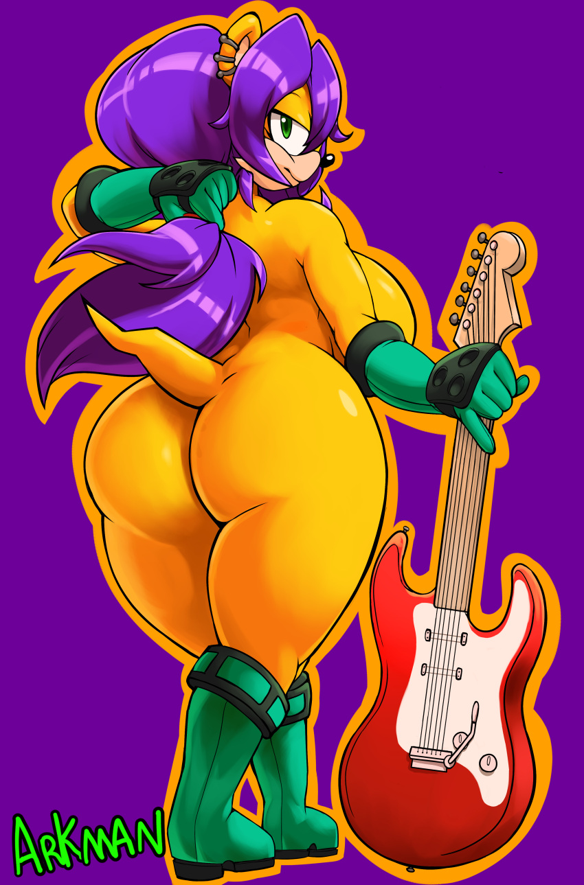 absurd_res archie_comics arkanman artist_name big_breasts big_butt boots breasts butt clothing crooked_tail ear_piercing ear_ring electric_guitar female footwear full-length_portrait gloves green_eyes guitar hair half-closed_eyes hand_behind_head handwear herpestid hi_res holding_guitar holding_hair knee_boots knee_highs legwear looking_at_viewer mammal mina_mongoose mongoose mostly_nude musical_instrument narrowed_eyes piercing plucked_string_instrument portrait purple_background purple_hair rear_view side_boob simple_background smaller_version_at_source smile solo sonic_the_hedgehog_(archie) sonic_the_hedgehog_(comics) sonic_the_hedgehog_(series) string_instrument thick_thighs three-quarter_view touching_hair wide_hips yellow_body