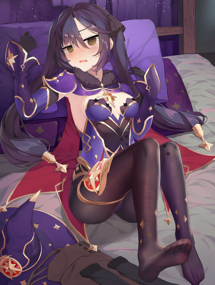 1girl absurdres arm_up bangs black_gloves black_hair black_legwear blue_(9153585) blush breasts cafe_stella_to_shinigami_no_chou cape commentary_request cosplay detached_sleeves eyebrows_visible_through_hair feet full_body fur_collar genshin_impact gloves hair_between_eyes hair_ornament hand_up hat headwear_removed highres knees_up legwear_removed leotard long_hair long_sleeves looking_at_viewer lying medium_breasts mona_megistus no_shoes on_back on_bed open_mouth pantyhose pillow purple_leotard red_cape shiki_natsume skirt skirt_removed soles solo star_(symbol) star_hair_ornament thighlet witch_hat yellow_eyes