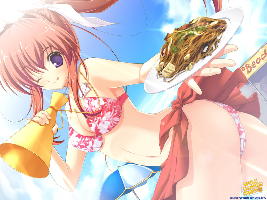 bikini cloud day highres mikeou one_eye_closed purple_eyes red_hair red_sarong ribbon sarong sky smile_summer_again solo swimsuit tongue wallpaper