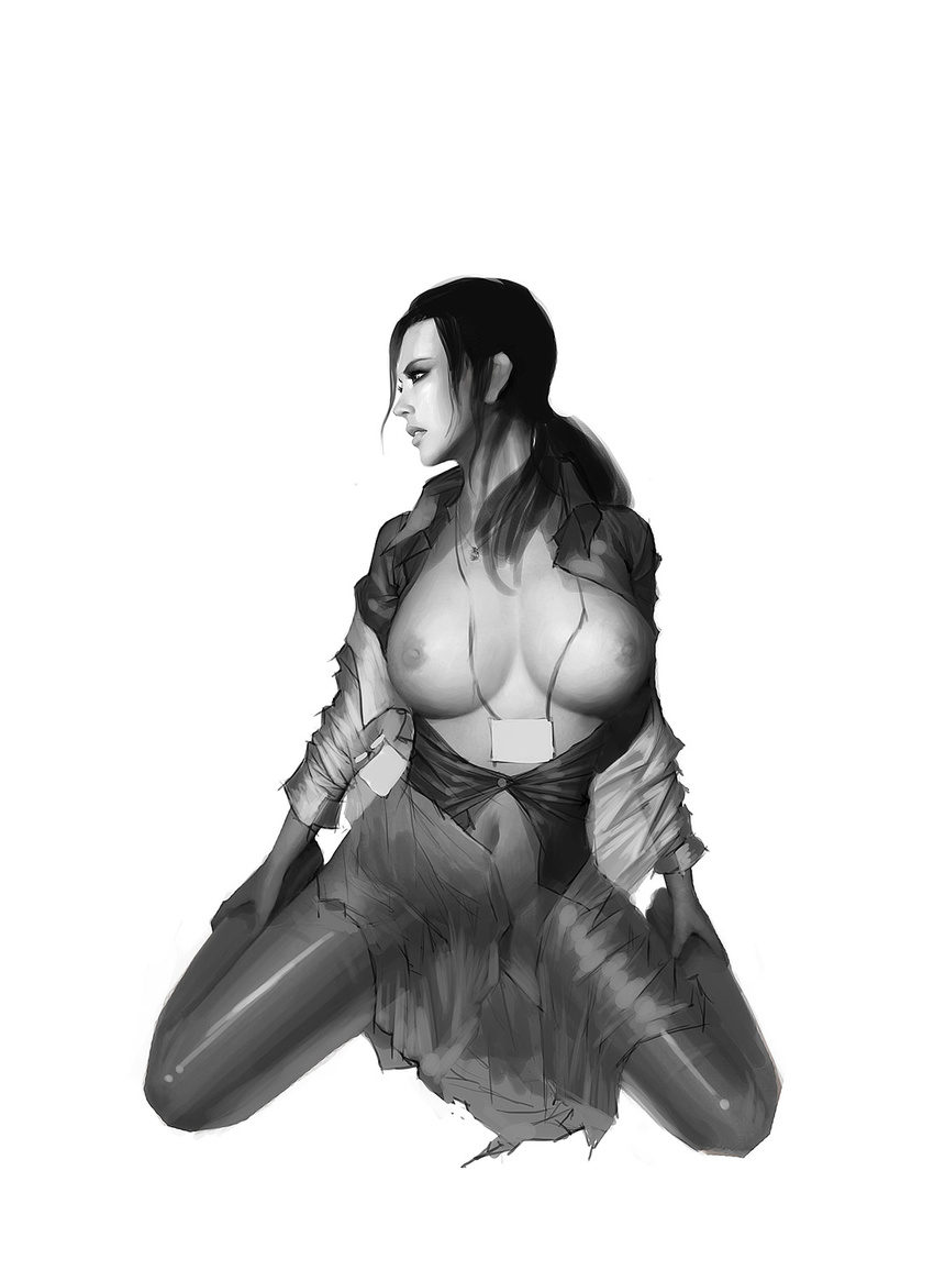 artist_request black_hair breasts full_body greyscale highres huge_breasts kneeling long_hair looking_away makeup metal_gear_(series) metal_gear_solid_4 monochrome naomi_hunter nipples open_clothes ponytail profile realistic simple_background solo white_background