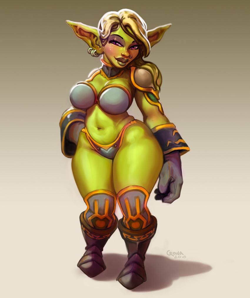 2018 armor bikini blizzard_entertainment blush clothing cronart female goblin green_skin humanoid mammal piercing pointy_ears short_stack simple_background smile solo swimsuit unconvincing_armor video_games warcraft