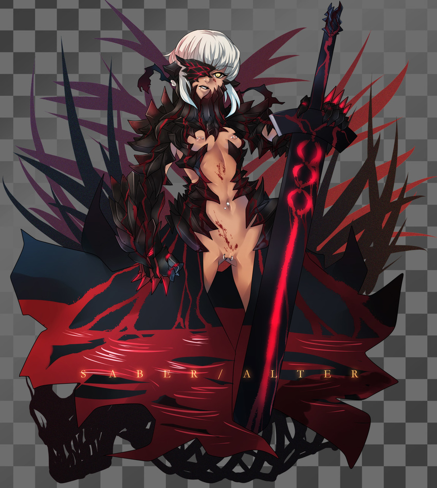 armor artoria_pendragon_(all) ban barbell_piercing black_armor blood breasts character_name checkered checkered_background dark_excalibur fate/stay_night fate_(series) gauntlets highres labia_piercing lip_piercing medium_breasts navel_piercing nipple_piercing nipples no_panties nose_piercing parted_lips piercing pussy saber_alter solo standing sword toned weapon white_hair yellow_eyes