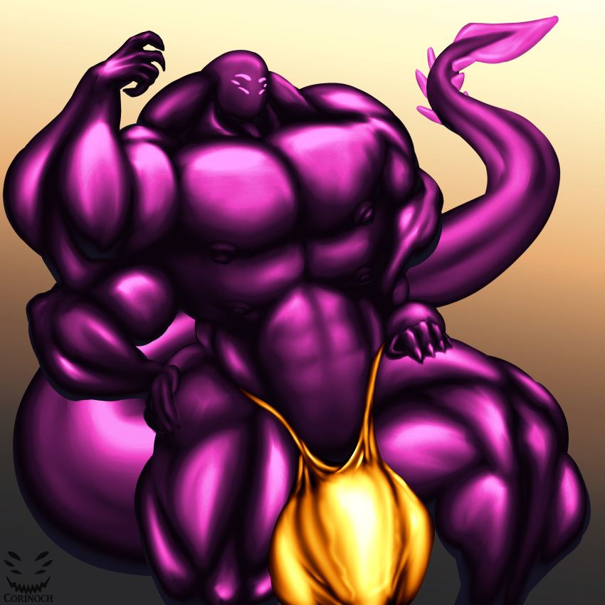 4_arms 6_eyes anthro balls big_balls big_muscles big_penis clothing corinoch corinoch_(artist) flexing genitals glistening glistening_body gold_underwear goo_creature hi_res huge_balls huge_muscles huge_penis humanoid hyper hyper_balls hyper_genitalia hyper_muscles hyper_penis male monster multi_arm multi_eye multi_limb muscular nipples penis pose presenting purple_body solo spade_tail speedo swimwear