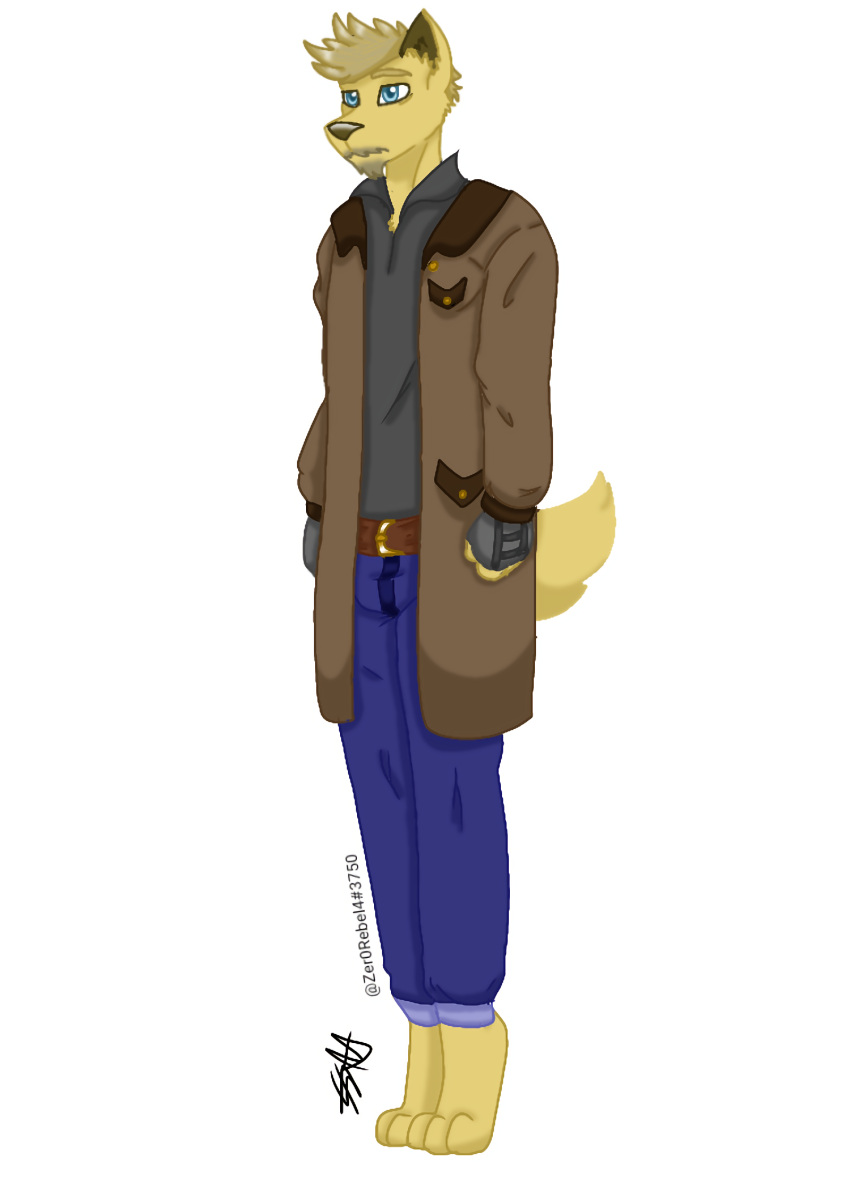 age_difference anthro belt bird_dog blonde_hair blue_eyes bottomwear canid canine canis clothed clothing coat denim denim_clothing digital_drawing_(artwork) digital_media_(artwork) domestic_dog facial_hair fur gloves goatee golden_retriever great_dane hair handwear hi_res hunting_dog jacket jeans male mammal mastiff mature_male mixed_breed molosser mustache older_male pants paws retriever solo topwear trenchcoat yellow_body yellow_fur zer0rebel4