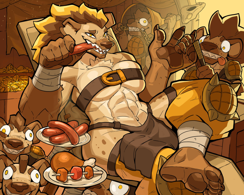 5:4 5_fingers 5_toes abs absurd_res anthro arm_wraps barefoot belt blonde_hair breasts brown_body brown_fur brown_hair brown_nails ceehaz chain chest_tuft claws cleavage clothed clothing colored_nails crossed_legs dog_knight_rpg eating feet female female_focus filing_nails fingers food fur gold_(metal) grin group hair hi_res highlights_(coloring) holding_object holding_plate humanoid_feet humanoid_hands hyaenid leg_wraps mammal meat midriff mohawk muscular muscular_female nail_file nails navel notched_ear pawpads pickaxe rebell_(ceehaz) sausage sharp_nails sharp_teeth siting size_difference smile soles spotted_hyena teeth toe_claws toes tongue tongue_out tuft under_boob wraps yellow_eyes