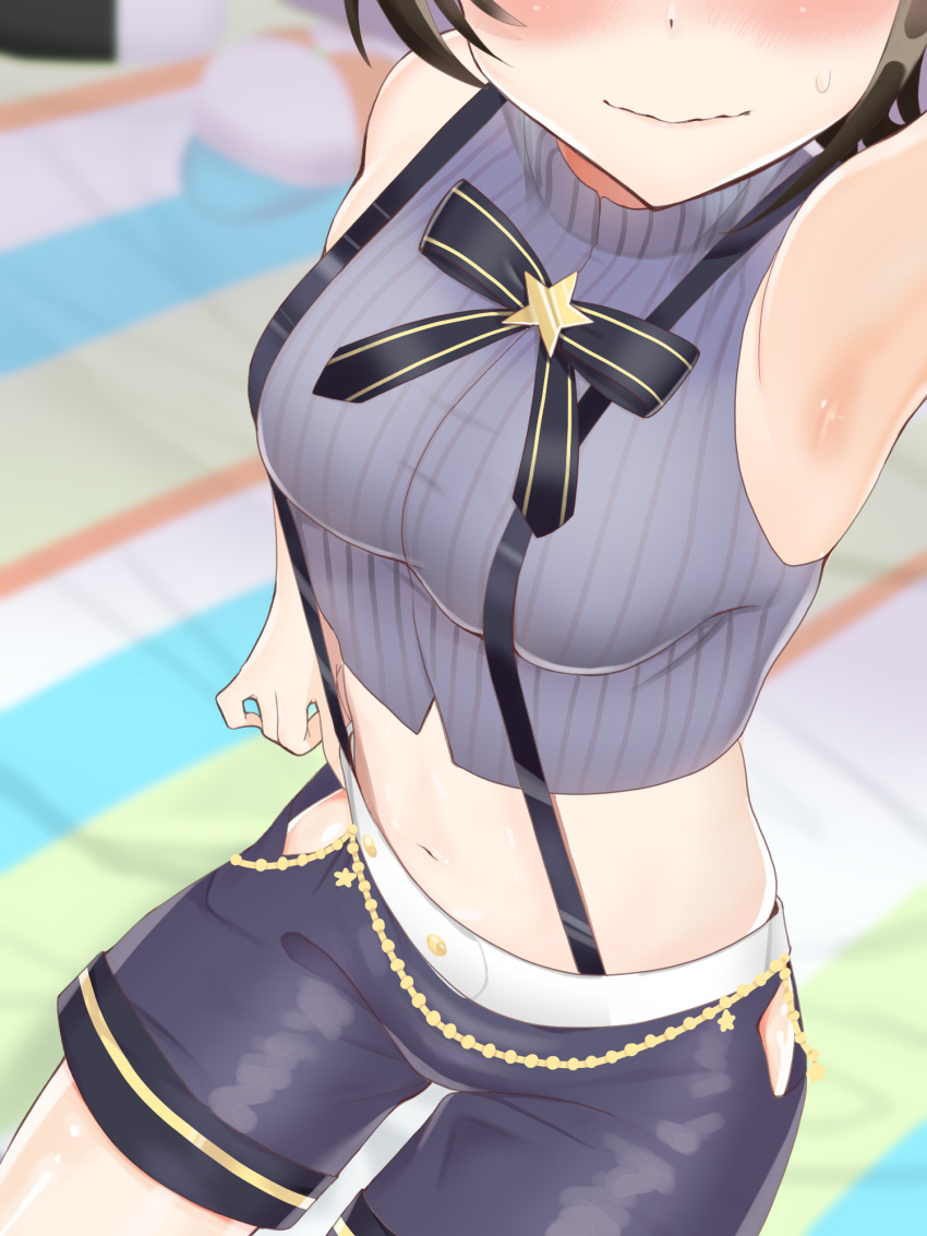 1girl armpits blush closed_mouth crop_top highres hololive jiu_wei_maao oozora_subaru shorts sleeveless smile solo suspender_shorts suspenders sweatdrop virtual_youtuber