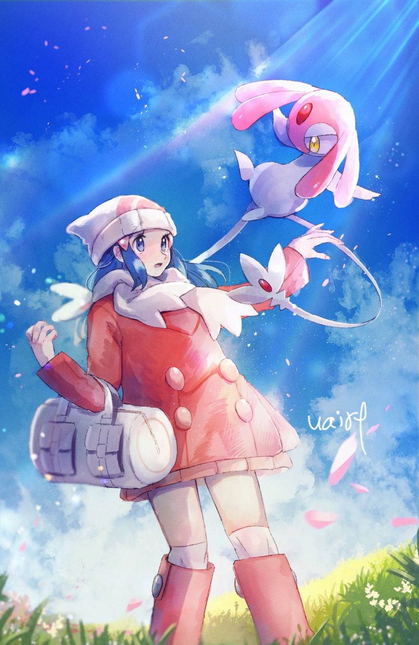 1girl bag beanie blue_eyes blue_hair boots cloud coat dawn_(pokemon) day duffel_bag eyelashes from_below gen_4_pokemon grass hanenbo hat highres knees legendary_pokemon lens_flare long_sleeves mesprit open_mouth outdoors over-kneehighs petals pink_footwear pokemon pokemon_(creature) pokemon_(game) pokemon_dppt pokemon_platinum red_coat scarf signature sky standing thighhighs tongue white_bag white_headwear white_legwear white_scarf