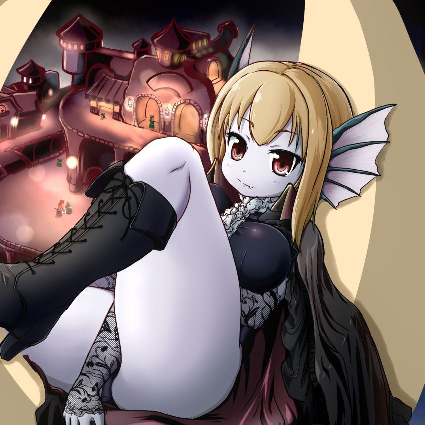 1girl black_dress black_footwear blonde_hair boots cape capelet cloak cross-laced_footwear dress fang hair_between_eyes head_fins highres knee_boots lace-up_boots legend_of_mana leotard monster_girl pale_skin red_eyes seiken_densetsu short_hair sitting syake thighs vampire