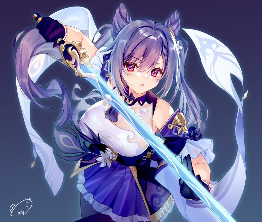 1girl bangs bare_shoulders blush breasts double_bun dress genshin_impact gloves hair_ornament keqing_(genshin_impact) long_hair looking_at_viewer medium_breasts obiwan purple_dress purple_eyes purple_gloves purple_hair swept_bangs twintails