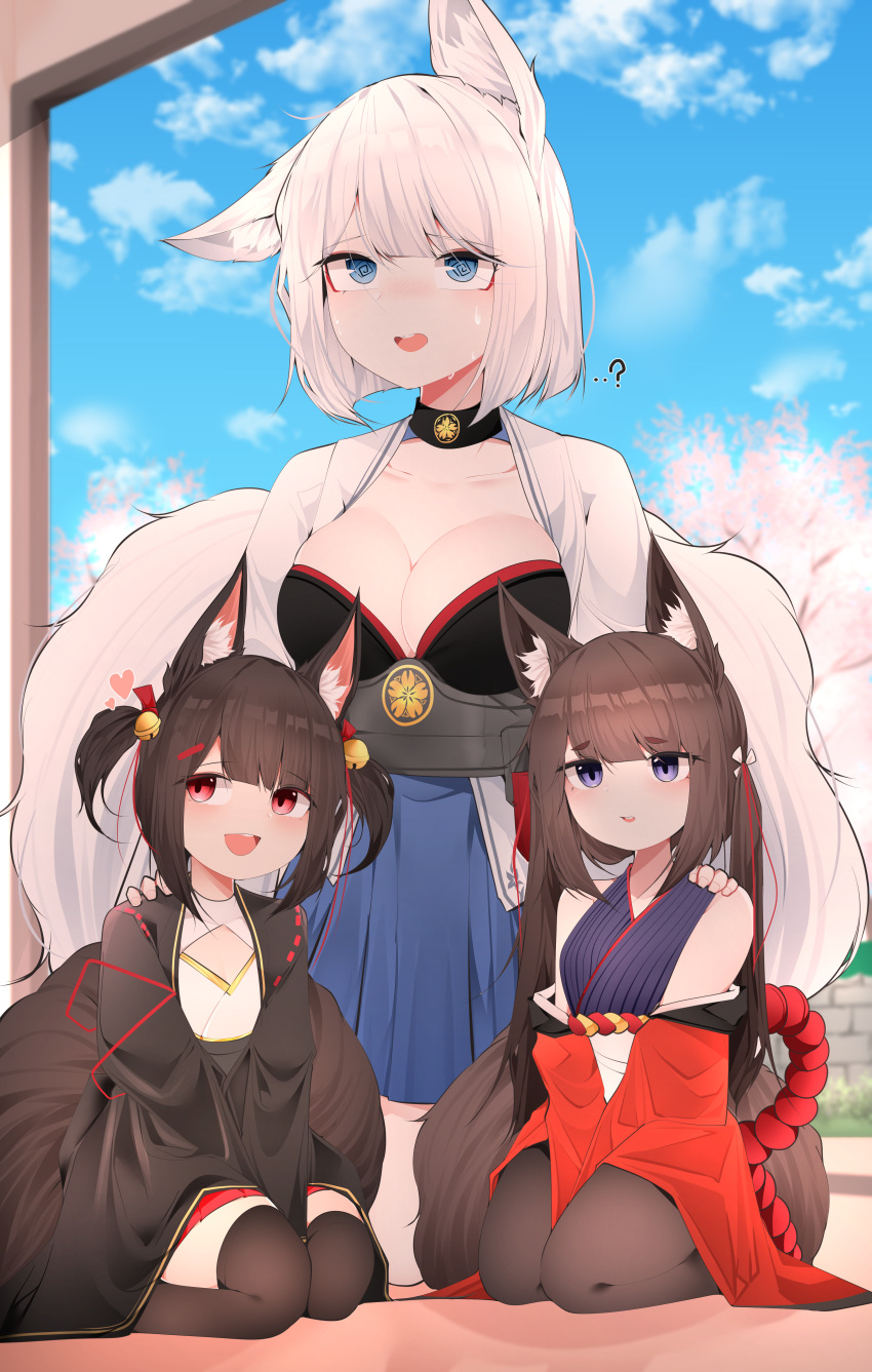 3girls ? absurdres akagi-chan_(azur_lane) akagi_(azur_lane) amagi-chan_(azur_lane) amagi_(azur_lane) animal_ear_fluff animal_ears azur_lane bell black_choker black_legwear blue_eyes breasts brown_hair center_opening choker cleavage cloud cloudy_sky day eyeliner fox_ears fox_girl fox_tail hair_bell hair_ornament hand_on_another's_shoulder heart highres huge_filesize japanese_clothes kaga_(azur_lane) kikumon kimono kitsune large_breasts long_sleeves makeup multiple_girls multiple_tails off_shoulder open_mouth purple_eyes red_eyes samip seiza short_hair sitting sky sleeveless smile tail twintails white_hair white_kimono white_tail