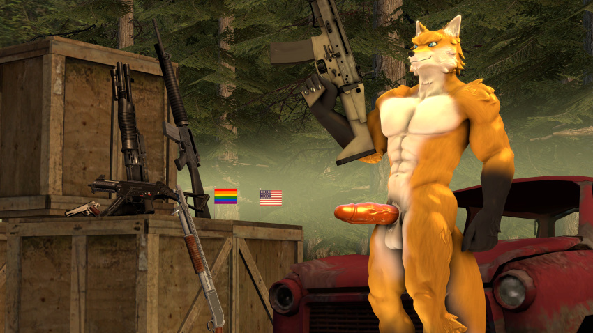 16:9 3d_(artwork) 4k 5_fingers 5_toes absurd_res anthro assault_rifle balls black_body black_fur box canid canine car digital_media_(artwork) erection feet fingers firearms forest fox fur genitals gun handgun hi_res holding_gun holding_object holding_weapon humanoid_genitalia humanoid_penis lgbt_pride liberarsi m16 male male/male mammal muscular muscular_male penis petruz_(copyright) plant pride_colors ranged_weapon rifle s1897 smile solo solo_focus source_filmmaker spas-12 standing stars_and_stripes toes tree ump45 united_states_of_america vehicle weapon white_body white_fur widescreen yellow_body yellow_fur