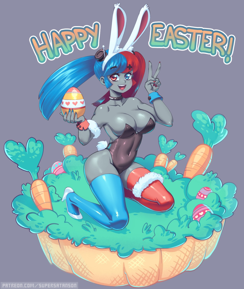 1girl animal_ears asymmetrical_legwear bangs bare_shoulders black_leotard blue_eyes blue_hair blue_legwear breasts bunny_ears carrot cleavage colored_skin easter_egg egg english_text fake_animal_ears full_body grey_background grey_skin hands_up heterochromia highres kneeling large_breasts leotard long_hair multicolored_hair nintendo_switch open_mouth original personification red_eyes red_hair red_legwear shadow smile solo supersatanson thighhighs two-tone_hair v watermark web_address wrist_cuffs