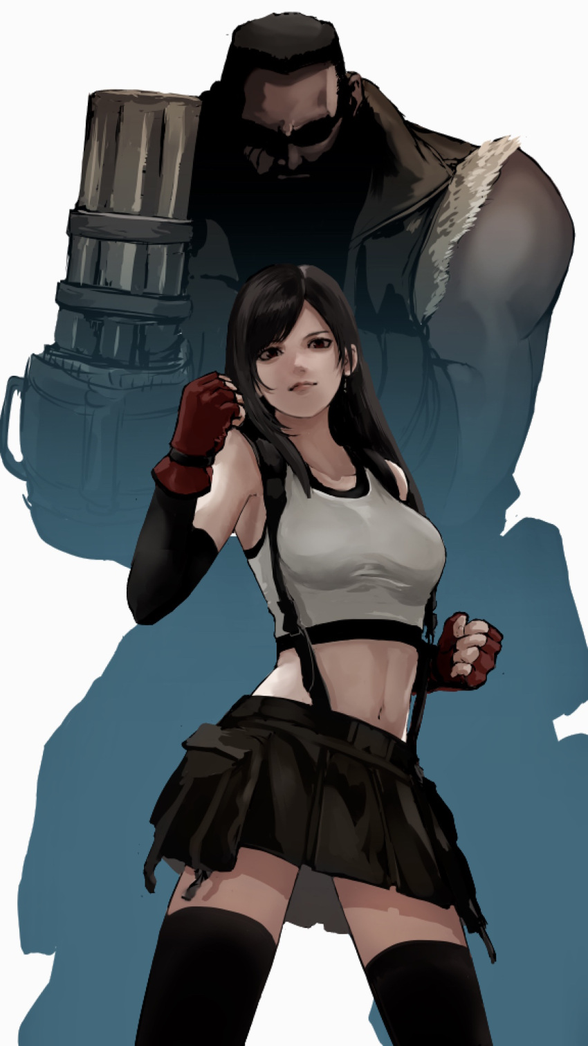 1boy 1girl arm_cannon barret_wallace black_hair black_skirt crop_top dark_skin dark_skinned_male fighting_stance final_fantasy final_fantasy_vii final_fantasy_vii_remake gatling_gun gauss_&lt;bokashi highres looking_at_viewer pleated_skirt shaded_face skirt smile sunglasses suspenders tank_top thighhighs tifa_lockhart weapon