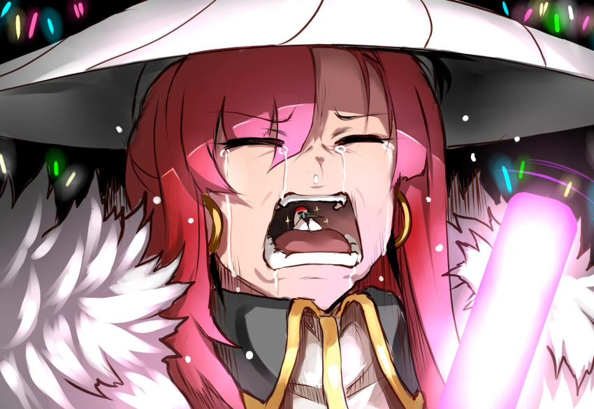 1girl bird crane_(animal) crying earrings fate/grand_order fate_(series) feather_boa glowstick hat highres hoop_earrings in_mouth jewelry miss_crane_(fate) open_mouth red_eyes snot tsukasawa_takamatsu