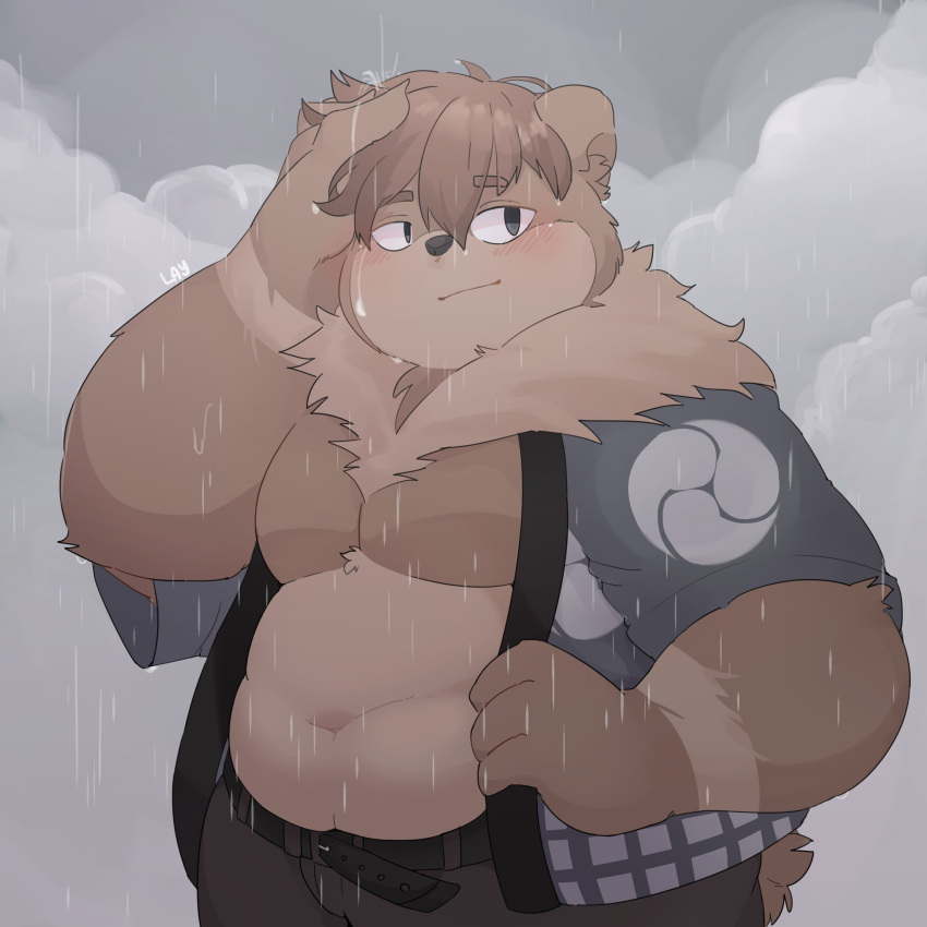 1:1 2020 absurd_res anthro bottomwear brown_body brown_fur clothing fur hi_res humanoid_hands kemono l4zily male mammal outside overweight overweight_anthro overweight_male pants raining solo ursid wet