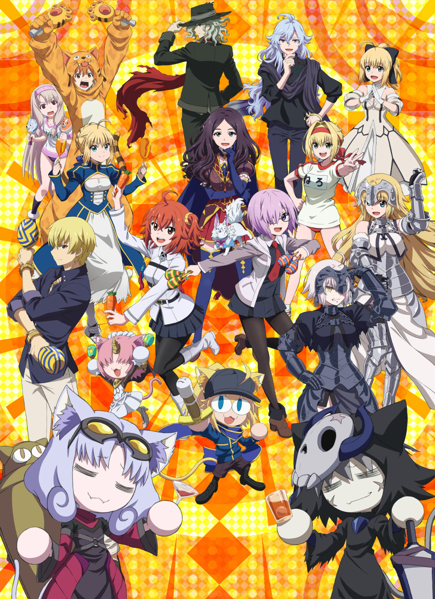 1boy 6+girls absurdres ahoge alcohol armor armored_dress artoria_pendragon_(all) baseball_cap black_dress black_legwear black_skirt blonde_hair blue_eyes boots breasts brown_hair buruma carrot chaldea_uniform confetti corn_dog cosplay cup dress drinking_glass edmond_dantes_(fate) eyebrows_visible_through_hair fangs fate/grand_carnival fate/grand_order fate_(series) fou_(fate) fujimaru_ritsuka_(female) gauntlets gilgamesh_(caster)_(fate) gilgamesh_(fate) glasses green_eyes gym_uniform hair_ornament hair_over_one_eye hair_scrunchie hat highres horns illyasviel_von_einzbern instrument jacket jaguarman_(fate) jeanne_d'arc_(alter)_(fate) jeanne_d'arc_(fate)_(all) key_visual large_breasts light_purple_hair long_sleeves looking_at_viewer looking_back maracas mash_kyrielight medium_breasts merlin_(fate) multiple_girls mysterious_neko_v mysterious_neko_w mysterious_neko_x mysterious_neko_y necktie nero_claudius_(fate) nero_claudius_(fate)_(all) official_art open_mouth orange_eyes orange_hair pantyhose pleated_skirt purple_eyes red_eyes saber_lily scar scar_on_face scarf scrunchie shinai short_hair side_ponytail single_horn sitonai_(fate) skirt skull_mask small_breasts smile sword tail thighhighs upper_teeth weapon white_footwear wine wine_glass yellow_eyes zettai_ryouiki