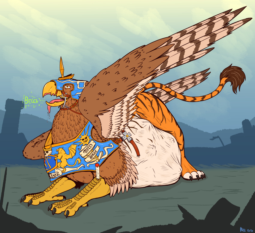 absurd_res armor avian barefoot beak belly big_belly brown_body brown_fur burping claws deathclaw_(warhammer_fantasy) digestion feathered_wings feathers feet feral fur gryphon headgear helmet hi_res hindpaw hybrid male mythological_avian mythology open_mouth orange_body overweight overweight_feral overweight_male paws rumbling_stomach solo striped_body striped_fur stripes thatgryphonguy tongue tongue_out vore warhammer_(franchise) warhammer_fantasy wings yellow_eyes