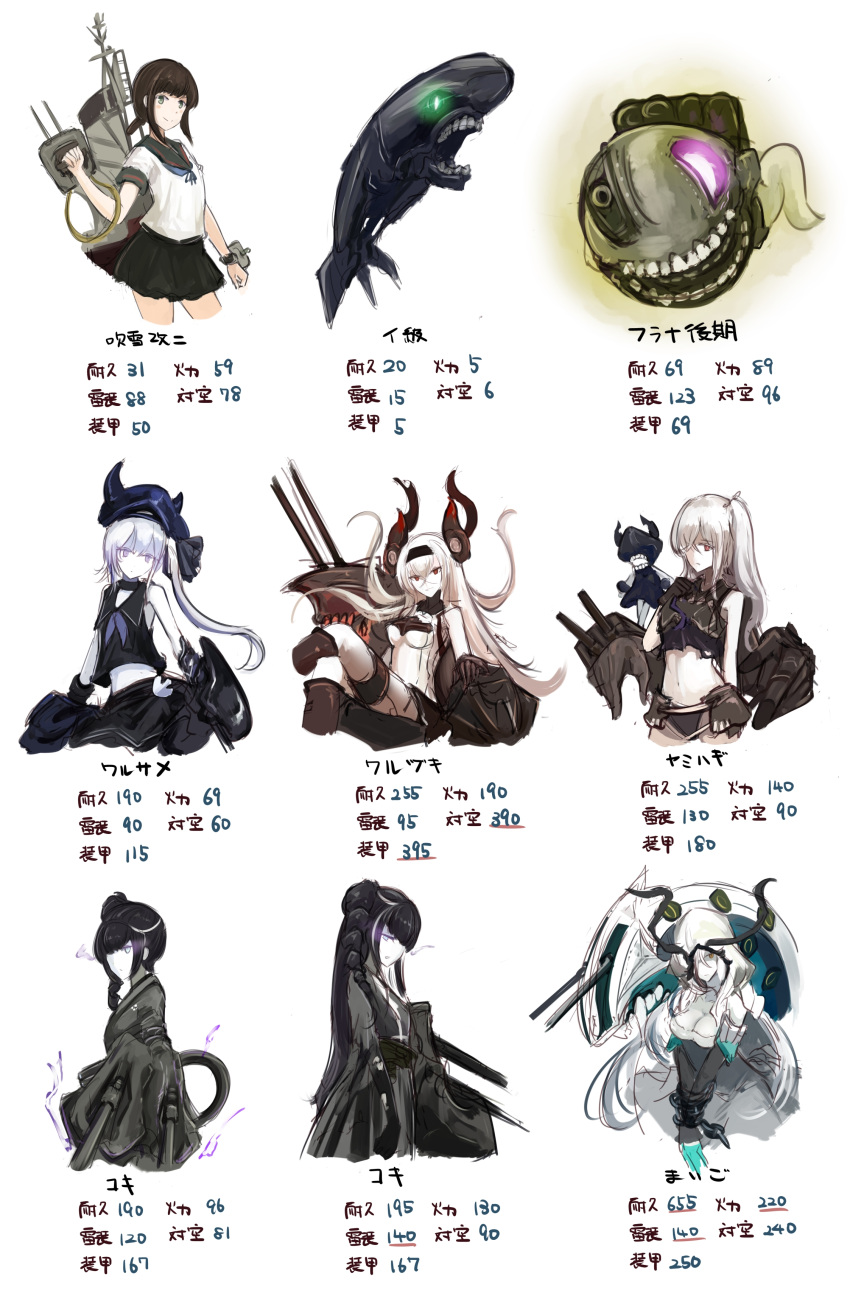 6+girls absurdres abyssal_ship air_defense_princess ancient_destroyer_oni ancient_destroyer_princess brown_hair commentary_request destroyer_princess destroyer_water_oni entombed_air_defense_guardian_princess fubuki_(kancolle) glowing glowing_eyes green_eyes hairband hat highres i-class_destroyer kantai_collection machinery midriff mizuchi_(mizuchi7118) multiple_girls na-class_destroyer navel one_side_up pink_eyes purple_eyes remodel_(kantai_collection) sailor_collar side_ponytail translation_request turret white_hair