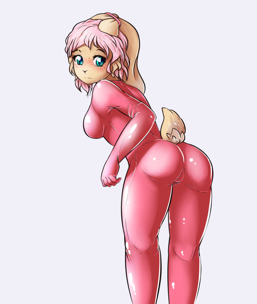 2021 alasou anthro blue_eyes breasts butt_pose clothed clothing digital_media_(artwork) eyebrows eyelashes female hair hi_res lagomorph leporid mammal pink_hair pose rabbit simple_background solo tight_clothing