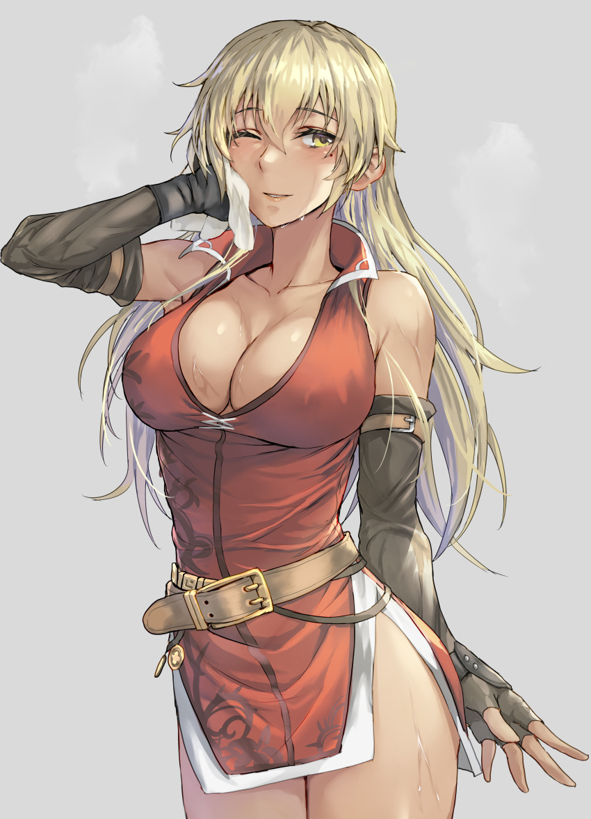 1girl absurdres blonde_hair blush breasts cleavage commission commissioner_upload dress elbow_gloves fingerless_gloves fire_emblem fire_emblem:_the_binding_blade gloves highres igrene_(fire_emblem) kokuzou large_breasts long_hair looking_at_viewer mole mole_under_eye one_eye_closed red_dress skeb_commission smile solo sweat yellow_eyes