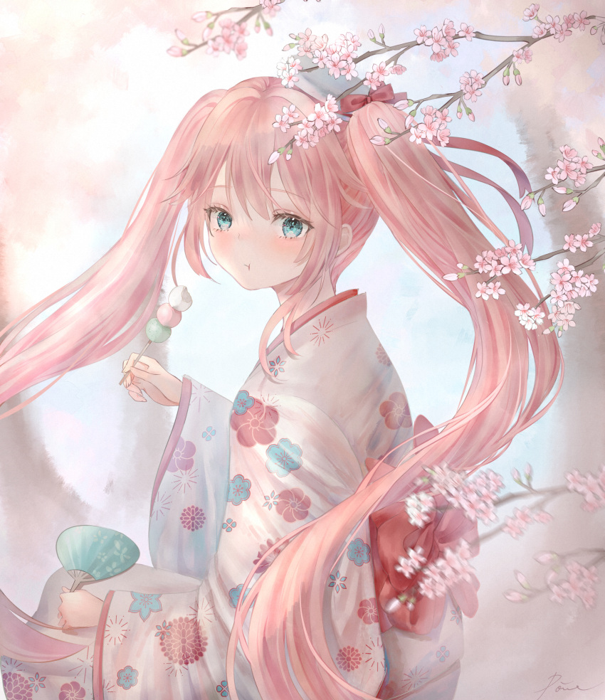 1girl absurdres aqua_eyes cherry_blossoms commission dango food highres japanese_clothes kimono long_hair obi pink_hair powa_(36iii) print_kimono sash skeb_commission solo taihou_(warship_girls_r) tree_branch twintails very_long_hair wagashi warship_girls_r white_kimono wide_sleeves yukata