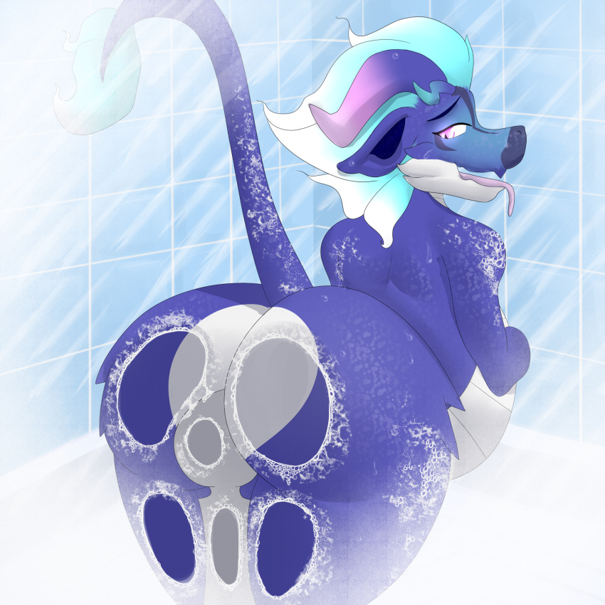 1:1 ambiguous_gender anthro big_butt big_tummy blue blue_body butt digital_media_(artwork) dragon dragon_tamer duo facesitting girly glass hi_res horn looking_back nude on_glass open_mouth scalie sex shower soap soap_bubbles standing steam thick_thighs tongue video_games water wet wide_hips xxmidknightxx ych_(character)