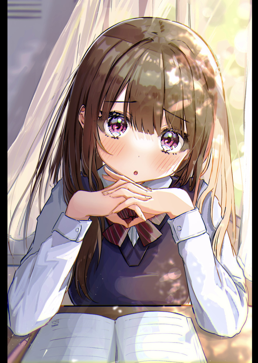 1girl :o amefukura_art bangs blush book breasts brown_hair commentary_request curtains dappled_sunlight day diagonal_stripes eyebrows_visible_through_hair furrowed_eyebrows hair_between_eyes hands_up head_tilt highres indoors interlocked_fingers large_breasts lens_flare long_hair looking_at_viewer open_book open_mouth original pillarboxed purple_eyes shirt solo striped striped_neckwear sunlight table uniform vest white_shirt