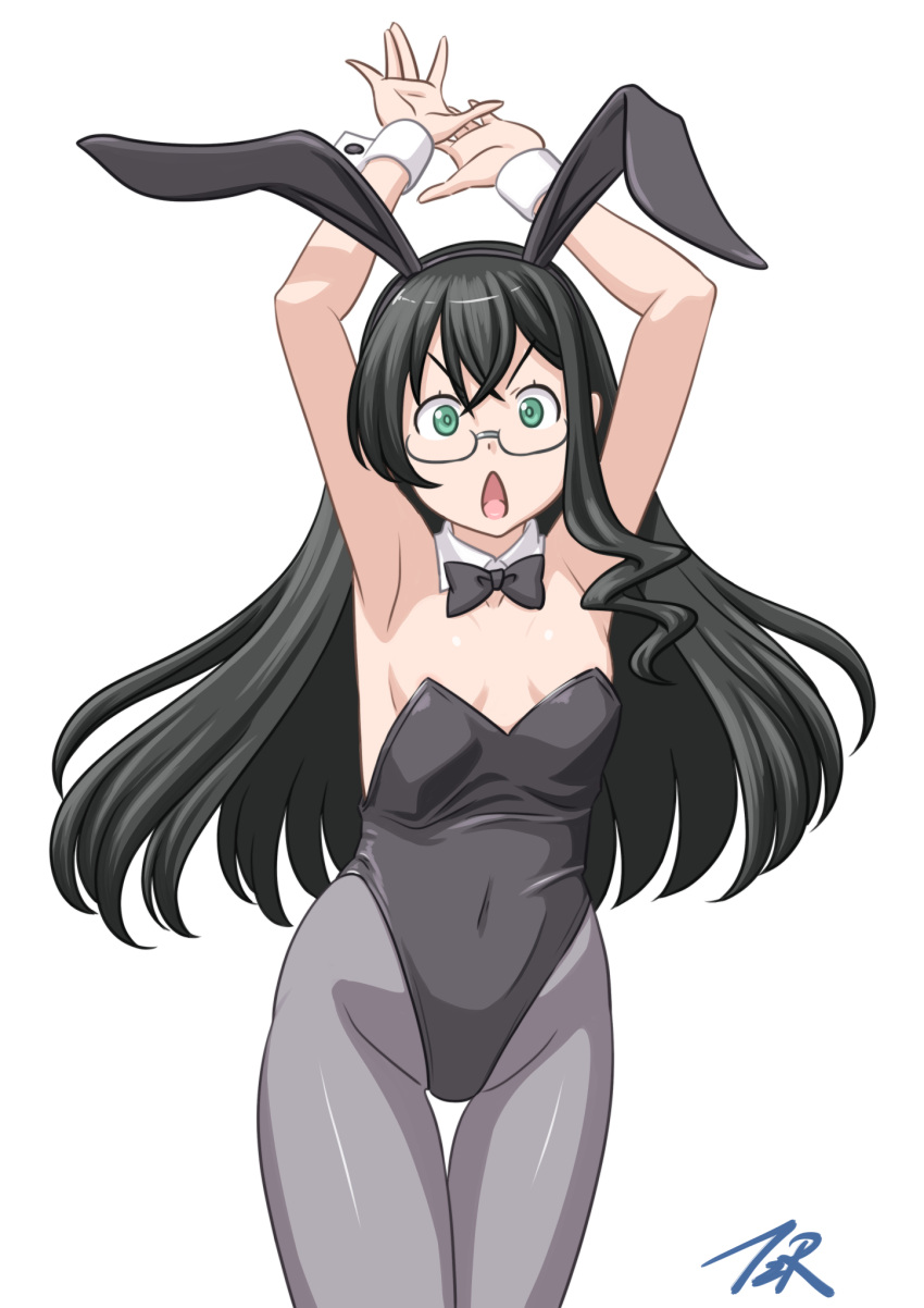 1girl animal_ears arms_up artist_name black_hair black_leotard black_neckwear bow bowtie breasts bunny_ears commentary_request cowboy_shot detached_collar fake_animal_ears glasses green_eyes grey_legwear highres kantai_collection leotard long_hair looking_at_viewer ooyodo_(kancolle) pantyhose playboy_bunny semi-rimless_eyewear simple_background small_breasts solo strapless strapless_leotard t2r thigh_gap under-rim_eyewear white_background wrist_cuffs