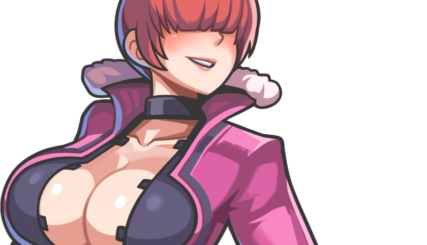 1girl black_shirt blush breasts cleavage fighting_stance fur_trim hair_over_eyes highres jacket large_breasts lips pink_jacket pose sagas293 shermie_(kof) shirt simple_background the_king_of_fighters the_king_of_fighters_xv white_background work_in_progress