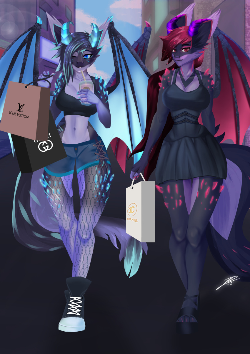 absurd_res anthro bottomwear clothing dragon drinking duo female fishnet fishnet_legwear footwear gucci hair hi_res high_heels hotpants legwear long_hair looking_at_viewer louis_vuitton minidress nanoi nebula_(nanoi) neon_(nanoi) platform_footwear platform_heels shirt shoes shopping shorts sibling sister sisters sneakers tank_top tocixdfurry topwear twins walking wings