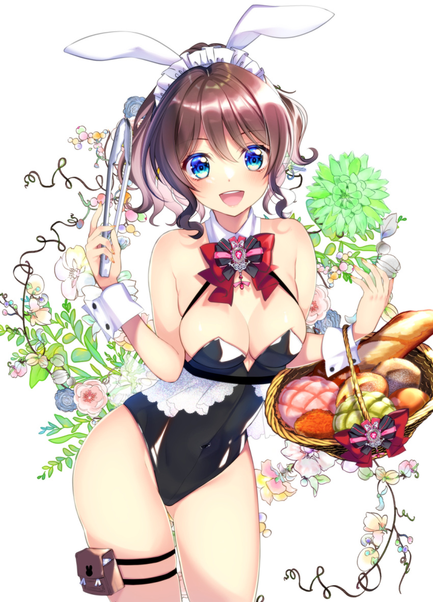 1girl :d animal_ears bang_dream! bangs bare_shoulders basket black_leotard blue_eyes blush bow bowtie bread bread_bun breasts brooch brown_hair bunny_ears clamps cleavage commentary_request covered_navel cowboy_shot detached_collar eyebrows_visible_through_hair floral_background food frilled_hairband frills gem hairband highleg highleg_leotard highres holster jewelry leaning_forward leotard looking_at_viewer maid_headdress medium_breasts medium_hair nail_polish open_mouth playboy_bunny red_neckwear sidelocks sleeveless smile solo standing strapless strapless_leotard thigh_holster thigh_strap thighs tsurugi_hikaru white_background wrist_cuffs yamabuki_saaya yellow_nails