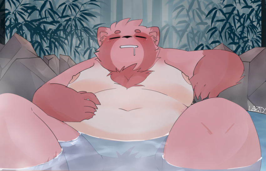 14:9 2020 anthro bathing bodily_fluids canid canine drooling eyes_closed hi_res humanoid_hands kemono l4zily male mammal moobs nipples outside overweight overweight_anthro overweight_male raccoon_dog saliva solo tanuki water