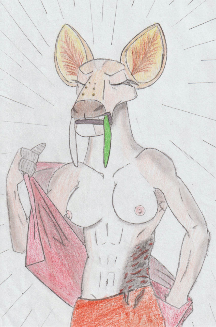 abs absurd_res anthro blood bodily_fluids bottomwear breasts burn burnt burnt_clothing cervid cervine clenched_teeth clothed clothing colored_pencil_(artwork) dreamworks eyes_closed female graphite_(artwork) hi_res jade_tusk kung_fu_panda mammal muscular muscular_anthro muscular_female navel nipples pants pencil_(artwork) solo teeth topwear traditional_media_(artwork) unclesam1976 undressing vest water_deer wince wounded