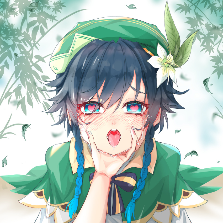 1boy 1other androgynous bamboo bangs beret black_hair blue_hair blush bow braid cape collared_cape crying crying_with_eyes_open drooling eyebrows_visible_through_hair flower furrowed_eyebrows genshin_impact gradient_hair green_eyes green_headwear hair_flower hair_ornament hand_on_another's_chin hat heart heart-shaped_pupils highres leaf looking_at_viewer male_focus multicolored_hair open_mouth pov pov_hands saliva shenlan_yu_jiangzi shirt short_hair_with_long_locks solo_focus symbol-shaped_pupils tears tongue tongue_out twin_braids venti_(genshin_impact) white_flower white_shirt