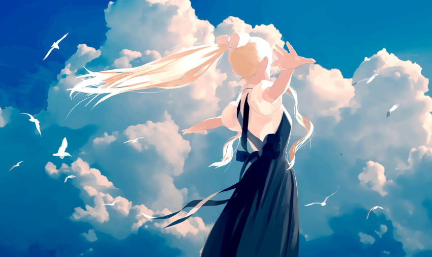 1girl air backless_outfit black_dress blonde_hair blue_sky bow cloud day dress floating_hair from_side hair_bow hands_up highres kamio_misuzu long_hair oomiya_io outdoors outstretched_arms puffy_short_sleeves puffy_sleeves shiny shiny_hair short_sleeves sky solo white_bow