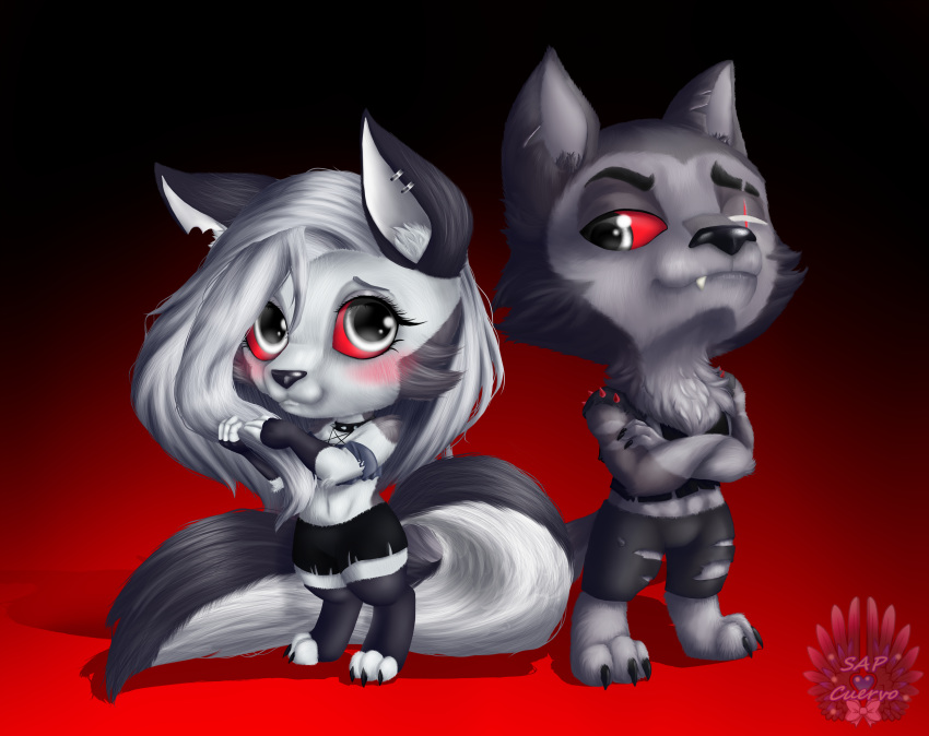 2021 absurd_res anthro black_body black_claws black_fur black_nose blush canid canid_demon chibi claws clothing crossed_arms cuervo-of-cristal demon duo ear_piercing eye_scar eyelashes facial_scar female fluffy fluffy_tail fur grey_body grey_fur grey_hair hair head_tuft hellhound helluva_boss hi_res inner_ear_fluff leggings legwear loona_(vivzmind) male mammal multicolored_body multicolored_fur piercing red_sclera scar tail_tuft toe_claws torn_clothing tuft vortex_(vivzmind) white_body white_eyes white_fur