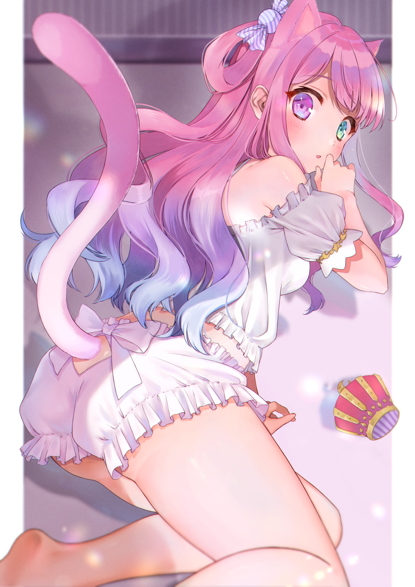 1girl absurdres animal_ears ass bare_shoulders barefoot bloomers blush candy_hair_ornament cat_ears cat_girl cat_tail clothing_cutout crown crown_removed detached_sleeves embarrassed food_themed_hair_ornament frilled_shirt frills from_behind gradient_hair green_eyes hair_ornament hair_rings heterochromia highres himemori_luna hololive huge_filesize kabi_akaru long_hair looking_at_viewer lying multicolored_hair off-shoulder_shirt off_shoulder on_stomach one_side_up parted_lips pink_hair purple_eyes purple_hair shirt soles solo tail tail_cutout thighs underwear underwear_only virtual_youtuber wavy_hair white_bloomers white_shirt